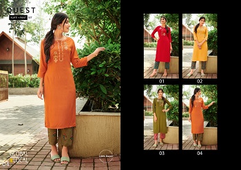 Kurtis With Pant Set Wholesale Catalog Quest By Global Local Brand, Embroidered Ladies Kurtis in Rayon With Foil Print Pants pair of Four Piece set Catalog Quest, Purchase Quest 100Miles Global Local Catalog in Wholesale Rate Online 