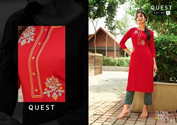 Kurtis With Pant Set Wholesale Catalog Quest By Global Local Brand, Embroidered Ladies Kurtis in Rayon With Foil Print Pants pair of Four Piece set Catalog Quest, Purchase Quest 100Miles Global Local Catalog in Wholesale Rate Online 