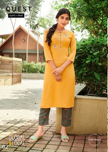 Kurtis With Pant Set Wholesale Catalog Quest By Global Local Brand, Embroidered Ladies Kurtis in Rayon With Foil Print Pants pair of Four Piece set Catalog Quest, Purchase Quest 100Miles Global Local Catalog in Wholesale Rate Online 