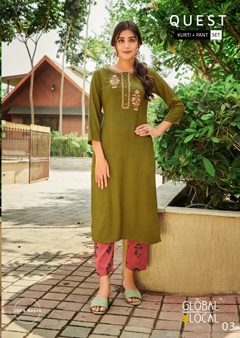 Kurtis With Pant Set Wholesale Catalog Quest By Global Local Brand, Embroidered Ladies Kurtis in Rayon With Foil Print Pants pair of Four Piece set Catalog Quest, Purchase Quest 100Miles Global Local Catalog in Wholesale Rate Online 