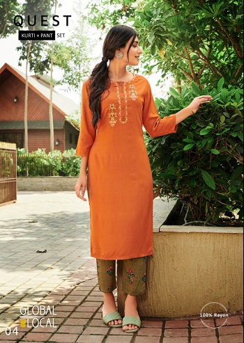 Kurtis With Pant Set Wholesale Catalog Quest By Global Local Brand, Embroidered Ladies Kurtis in Rayon With Foil Print Pants pair of Four Piece set Catalog Quest, Purchase Quest 100Miles Global Local Catalog in Wholesale Rate Online 