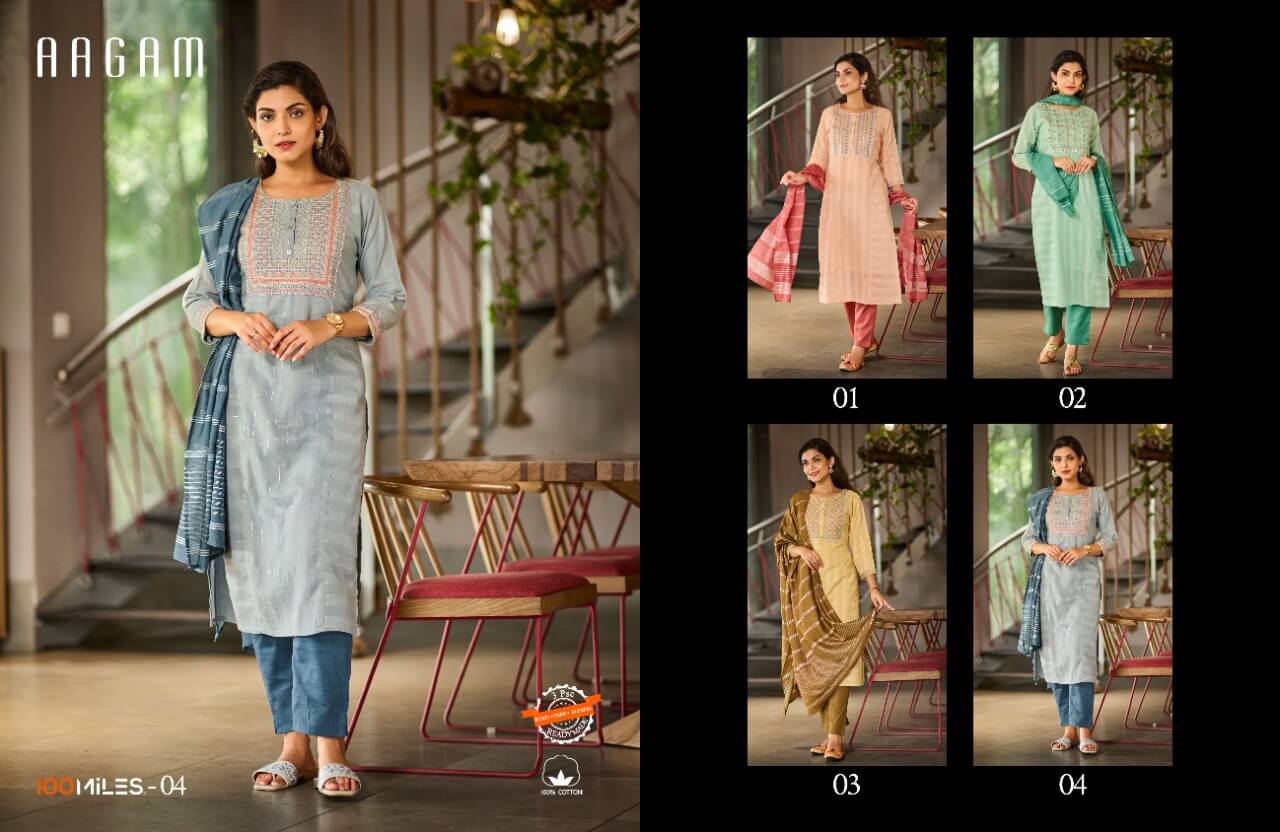 100Miles Aagam Kurti Pant Dupatta Set Wholesale Catalog