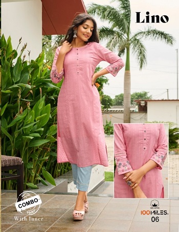 Lino Kurtis With Pants Wholesale Catalogue by 100Miles, Cotton Fabric With Inner Kurtis And Sleeves Embroidery work Pattern Ladies Top with Bottom catalog in Wholesale  