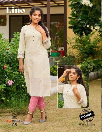 Lino Kurtis With Pants Wholesale Catalogue by 100Miles, Cotton Fabric With Inner Kurtis And Sleeves Embroidery work Pattern Ladies Top with Bottom catalog in Wholesale  