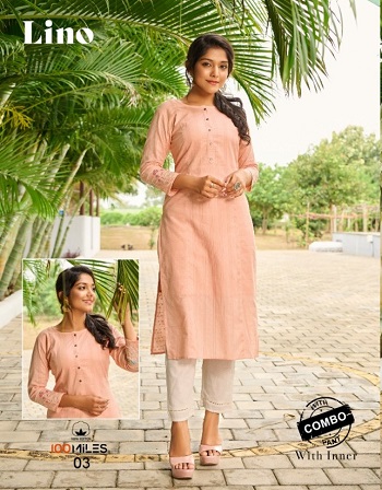 Lino Kurtis With Pants Wholesale Catalogue by 100Miles, Cotton Fabric With Inner Kurtis And Sleeves Embroidery work Pattern Ladies Top with Bottom catalog in Wholesale  