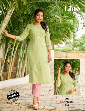 Lino Kurtis With Pants Wholesale Catalogue by 100Miles, Cotton Fabric With Inner Kurtis And Sleeves Embroidery work Pattern Ladies Top with Bottom catalog in Wholesale  