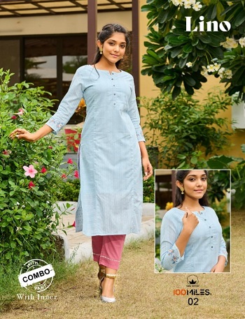 Lino Kurtis With Pants Wholesale Catalogue by 100Miles, Cotton Fabric With Inner Kurtis And Sleeves Embroidery work Pattern Ladies Top with Bottom catalog in Wholesale  