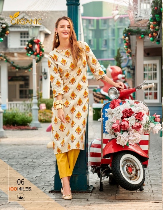 100Miles Organic Wholesale kurtis catalog. Organic Pure Cotton printed kurtis wholesale catalogue by Brand 100 Miles at best price online.