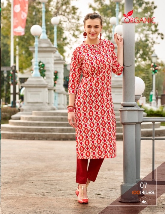 100Miles Organic Wholesale kurtis catalog. Organic Pure Cotton printed kurtis wholesale catalogue by Brand 100 Miles at best price online.