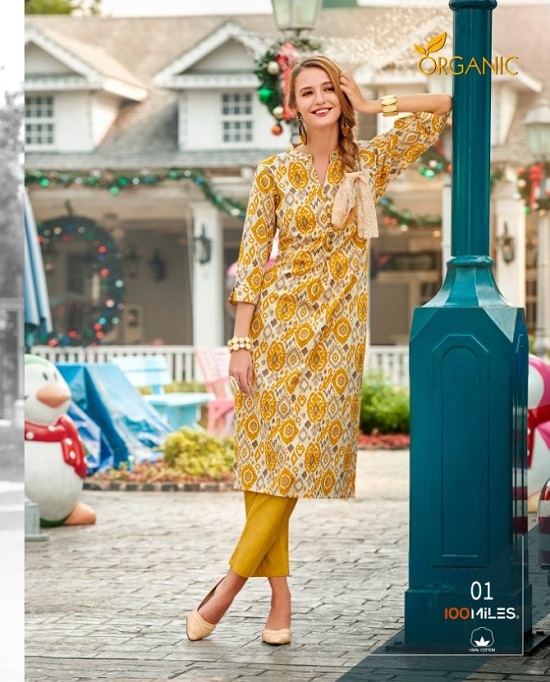 100Miles Organic Wholesale kurtis catalog. Organic Pure Cotton printed kurtis wholesale catalogue by Brand 100 Miles at best price online.