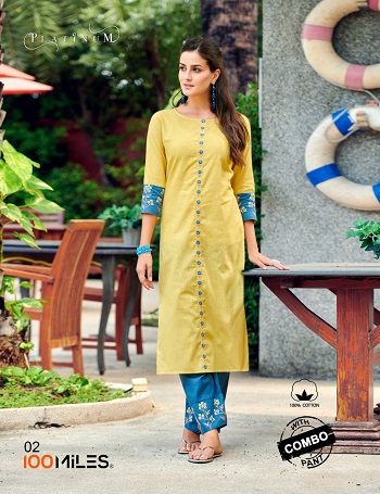 100Miles Platinum Pure Linen Cotton Kurtis with Pents combo wholesale catalogue. Buy 100 Miles Kurtis with Pents in wholesale price online for reselling. Buy 100 Miles kurtis in bulk Online