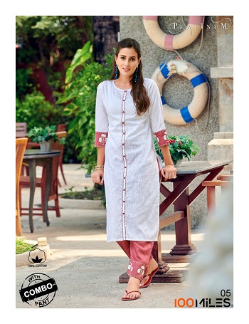 100Miles Platinum Pure Linen Cotton Kurtis with Pents combo wholesale catalogue. Buy 100 Miles Kurtis with Pents in wholesale price online for reselling. Buy 100 Miles kurtis in bulk Online