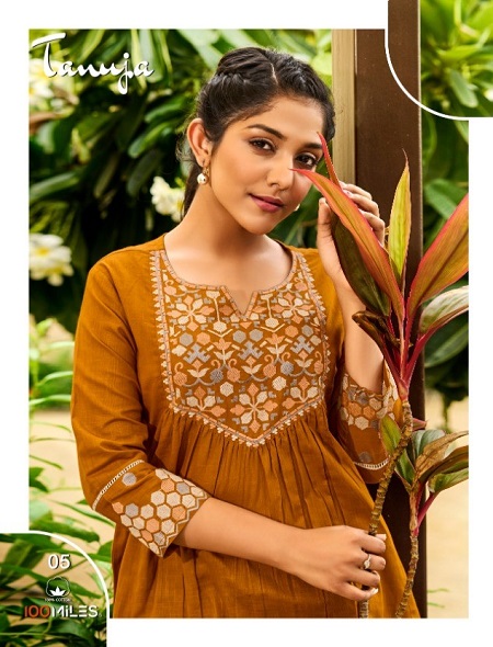 Tanuja Cotton Short Tops Wholesale Catalog by 100Miles, Tanuja Short Length Ladies Kurtis Wholesale Catalogue of six Colours by 100Miles in Bulk Rate of Retail Business 