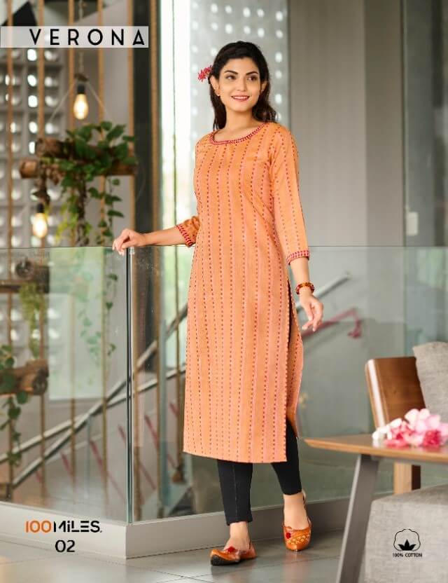 100Miles Verona Cotton Embroidery work Kurtis Wholesale Catalog, Buy Full Catalog Verona By 100Miles Brand in Wholesale Price Online