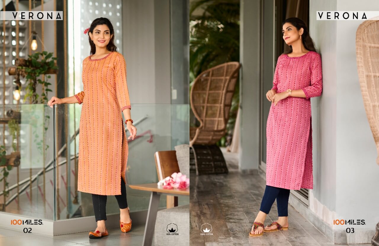 100Miles Verona Cotton Embroidery work Kurtis Wholesale Catalog, Buy Full Catalog Verona By 100Miles Brand in Wholesale Price Online