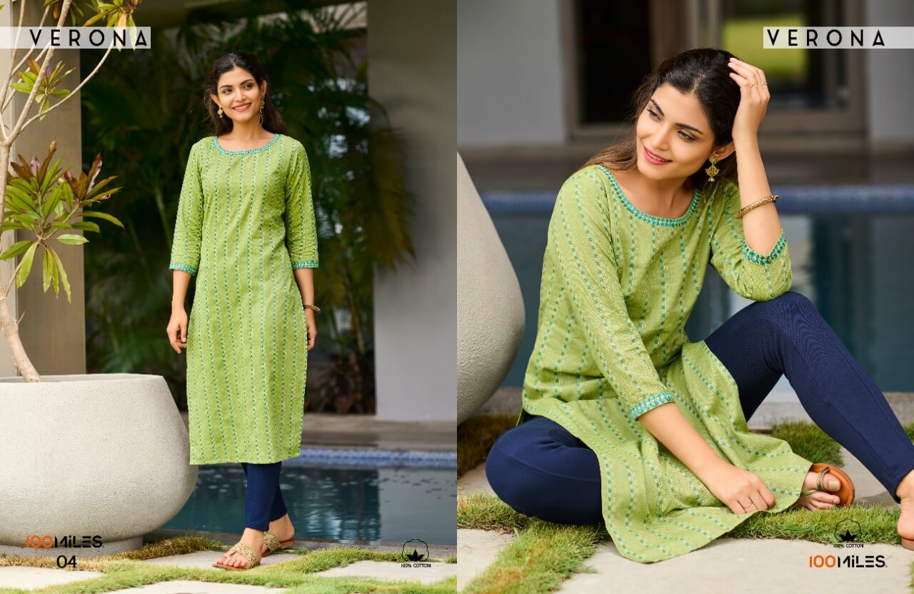 100Miles Verona Cotton Embroidery work Kurtis Wholesale Catalog, Buy Full Catalog Verona By 100Miles Brand in Wholesale Price Online