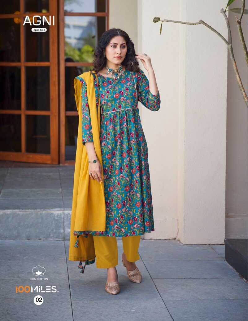 100Miles Agni Pure Cotton Flared Printed Kurti pant Dupatta Set Catalog, Buy 100Miles Agni Pure Cotton Flared Printed Kurti pant Dupatta Set Full Catalog in Wholesale Price Online From Aarvee Creation