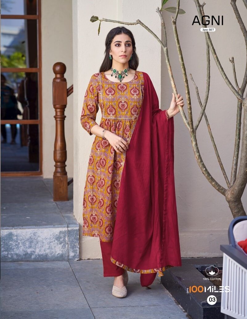 100Miles Agni Pure Cotton Flared Printed Kurti pant Dupatta Set Catalog, Buy 100Miles Agni Pure Cotton Flared Printed Kurti pant Dupatta Set Full Catalog in Wholesale Price Online From Aarvee Creation