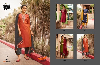 100Miles Kurti Dupatta with Pant Wholesale Catalogue Diya, Diya Ladies Kurta top with Bottom and Dupatta for festive season catalog in wholesale price online