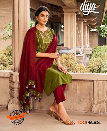 100Miles Kurti Dupatta with Pant Wholesale Catalogue Diya, Diya Ladies Kurta top with Bottom and Dupatta for festive season catalog in wholesale price online