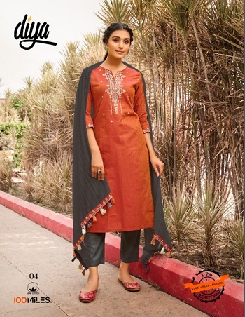 100Miles Kurti Dupatta with Pant Wholesale Catalogue Diya, Diya Ladies Kurta top with Bottom and Dupatta for festive season catalog in wholesale price online