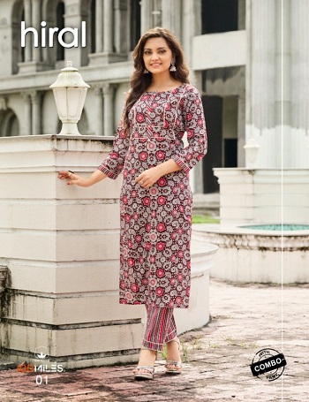 100Miles Kurtis With Pant Set Wholesale Catalog, Pure Cotton Printed Kurti with lace detailing Cotton Pants Collections Hiral by 100Miles Brand