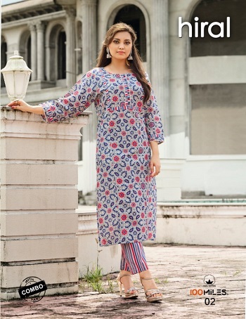 100Miles Kurtis With Pant Set Wholesale Catalog, Pure Cotton Printed Kurti with lace detailing Cotton Pants Collections Hiral by 100Miles Brand