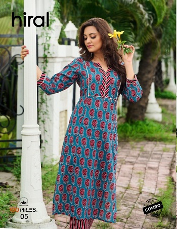 100Miles Kurtis With Pant Set Wholesale Catalog, Pure Cotton Printed Kurti with lace detailing Cotton Pants Collections Hiral by 100Miles Brand