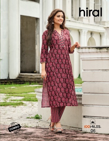 100Miles Kurtis With Pant Set Wholesale Catalog, Pure Cotton Printed Kurti with lace detailing Cotton Pants Collections Hiral by 100Miles Brand