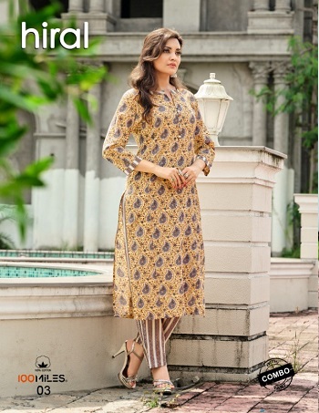 100Miles Kurtis With Pant Set Wholesale Catalog, Pure Cotton Printed Kurti with lace detailing Cotton Pants Collections Hiral by 100Miles Brand