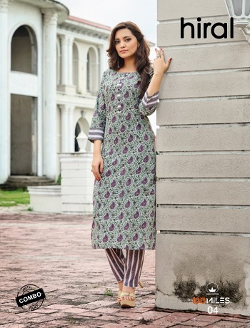 100Miles Kurtis With Pant Set Wholesale Catalog, Pure Cotton Printed Kurti with lace detailing Cotton Pants Collections Hiral by 100Miles Brand