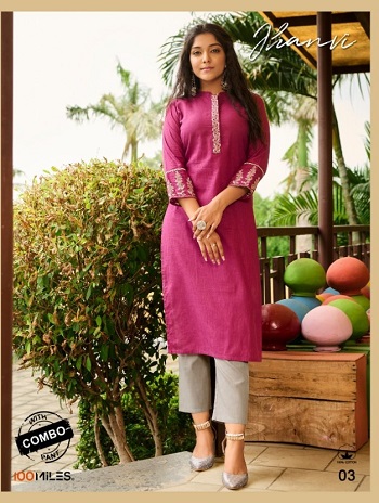 Jhanvi Kurtis With Pants Wholesale Catalogue by 100Miles, Four Colours Buch Of Ladies Kurtis With Pants Catalog Jhanvi by 100Miles