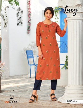 Pure Cotton Kurtis Catalog Lucky by 100Miles Brand, Purchase 4 Piece Embroidery Work Cotton Kurtis Catalog in Wholesale Price for Retail Business