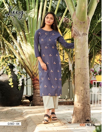 Pure Cotton Kurtis Catalog Lucky by 100Miles Brand, Purchase 4 Piece Embroidery Work Cotton Kurtis Catalog in Wholesale Price for Retail Business