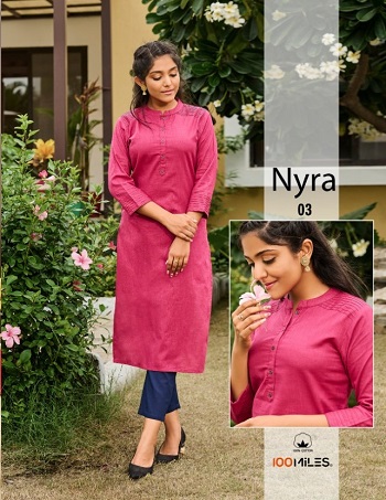 100Miles Nyra Kurtis Wholesale Catalogue, Four Piece Linen Cotton Fabric Kurtis Catalog Nyra by Brand 100Miles