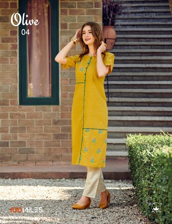 100Miles Olive Pure Cotton Kurtis Wholesale Catalogue. Shop Pure Cotton Kurtis in Wholesale for reselling from Manufacturer 100Miles Brand Online
