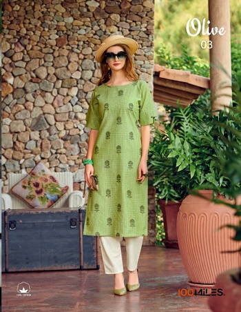 100Miles Olive Pure Cotton Kurtis Wholesale Catalogue. Shop Pure Cotton Kurtis in Wholesale for reselling from Manufacturer 100Miles Brand Online
