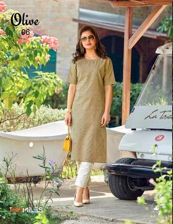 100Miles Olive Pure Cotton Kurtis Wholesale Catalogue. Shop Pure Cotton Kurtis in Wholesale for reselling from Manufacturer 100Miles Brand Online
