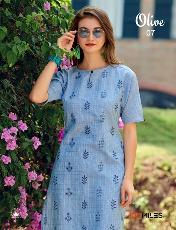 100Miles Olive Pure Cotton Kurtis Wholesale Catalogue. Shop Pure Cotton Kurtis in Wholesale for reselling from Manufacturer 100Miles Brand Online
