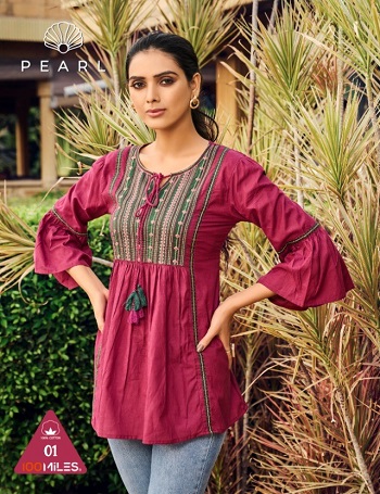 Pearl Giza Cotton Fancy Tops in Wholesale by 100Miles Brand, Six Designs and Colors Designer Tunic Tops Catalogue Pearl