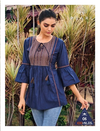 Pearl Giza Cotton Fancy Tops in Wholesale by 100Miles Brand, Six Designs and Colors Designer Tunic Tops Catalogue Pearl