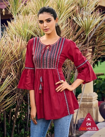 Pearl Giza Cotton Fancy Tops in Wholesale by 100Miles Brand, Six Designs and Colors Designer Tunic Tops Catalogue Pearl