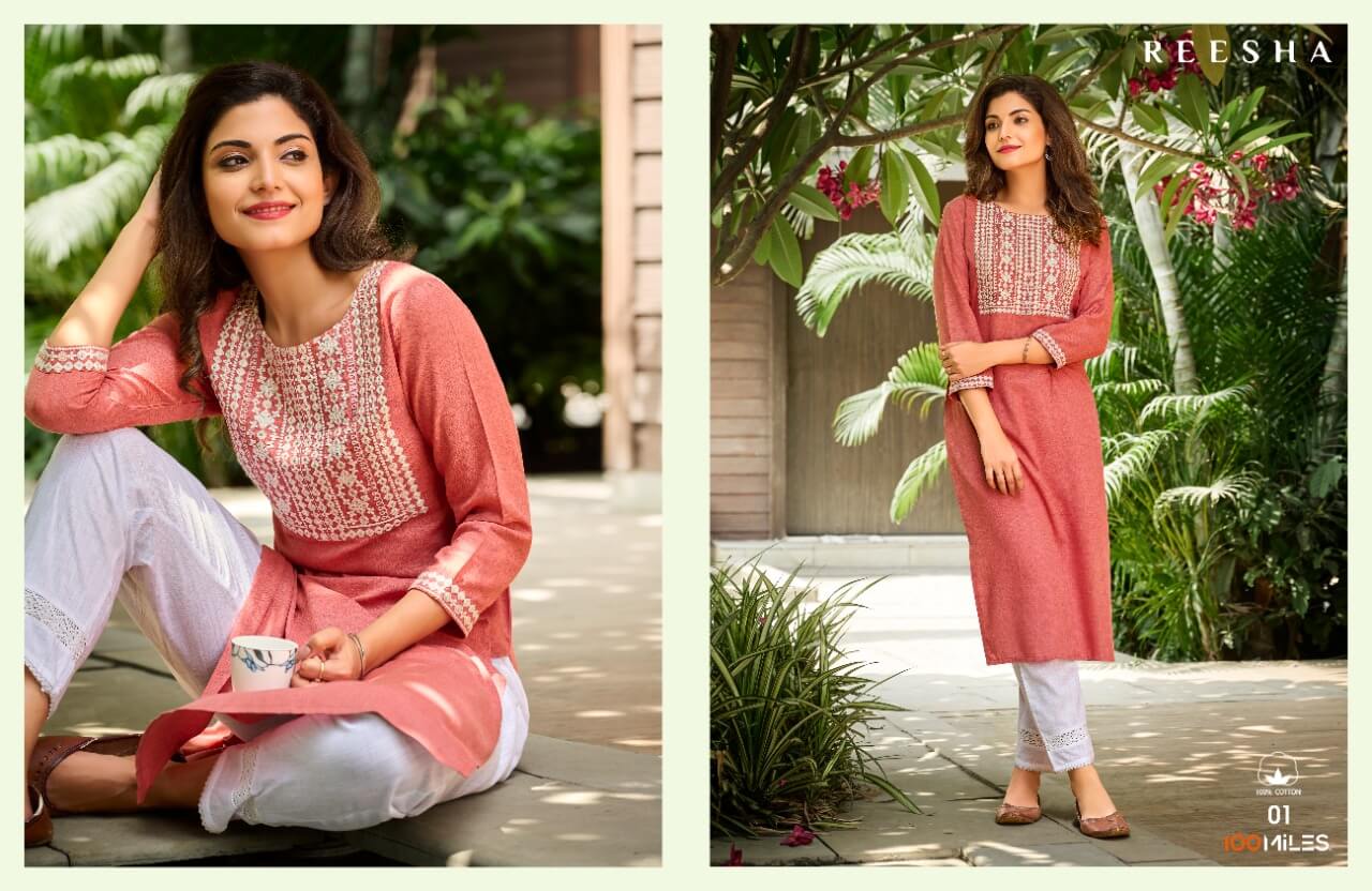 100Miles Reesha Pure Linen Cotton Kurtis Wholesale Catalog, Buy Full Catalog Reesha Pure Cotton Kurtis at Wholesale Rate