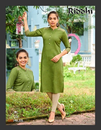 Riddhi Linen Cotton Kurtis Wholesale Catalog by 100Miles, Embroidery Work On Shoulder and Sleeve Pattern Women Kurtis Catalogue Riddhi By 100Miles