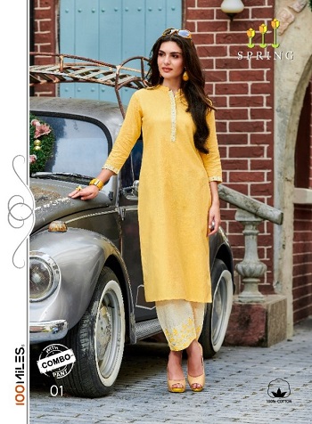 100Miles Spring Kurtis With Bottom Wholesale Catalogue. Spring Pure Cotton Embroidered kurtis with Embroidered Pants Pair Catalogue in Wholesale price Online for Reselling