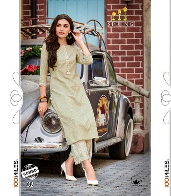 100Miles Spring Kurtis With Bottom Wholesale Catalogue. Spring Pure Cotton Embroidered kurtis with Embroidered Pants Pair Catalogue in Wholesale price Online for Reselling