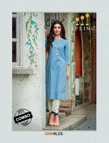 100Miles Spring Kurtis With Bottom Wholesale Catalogue. Spring Pure Cotton Embroidered kurtis with Embroidered Pants Pair Catalogue in Wholesale price Online for Reselling