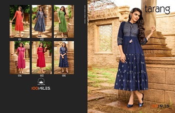 Tarang Wholesale Kurtis Catalog by 100Miles, Cotton Embroidered Long Dress With Flair Gathers and Half Inner Catalogue by 100Miles Brand at wholesale price