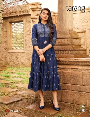 Tarang Wholesale Kurtis Catalog by 100Miles, Cotton Embroidered Long Dress With Flair Gathers and Half Inner Catalogue by 100Miles Brand at wholesale price