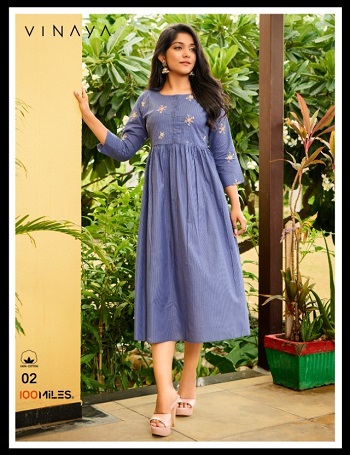 100Miles Vinaya Wholesale Catalog of Long Dress, Cotton Embroidery Work with Flair Pattern and Half Inner Long Dress Kurti Catalog Vinaya by 100Miles